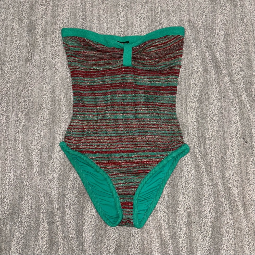 Striped Strapless One-Piece Swimsuit in Teal and Red